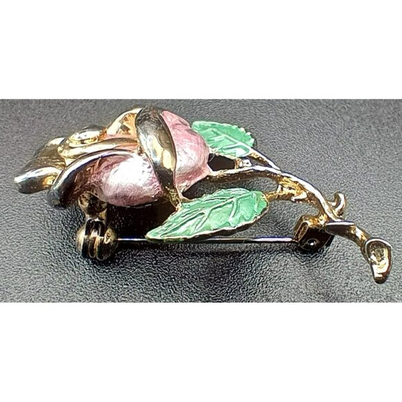 Vintage Pink Rose Brooch Enamel Gold Tone Floral Pin Romantic Garden Soft Goth - Picture 8 of 8